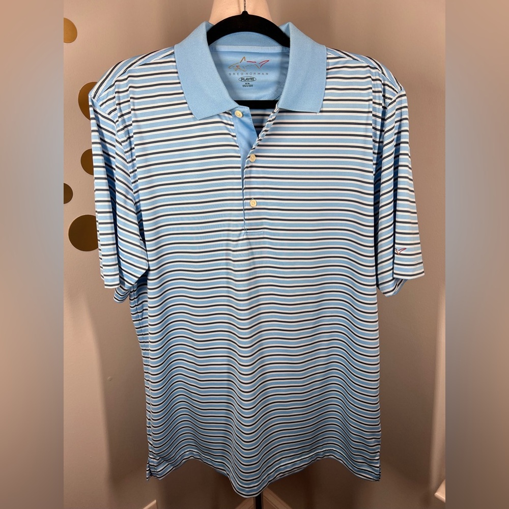 EUC Greg Norman Light Blue Striped Polo Shirt - Picture 2 of 7